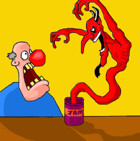 'The Master of Deceit' - Cecil D Spraith's famous work portraying the trickery of the evil one as he bursts forth on a helpless victim from a hiding place.